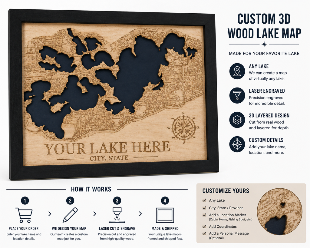 Custom 3D Wood Lake Map | Personalized Laser Engraved Lake Wall Art